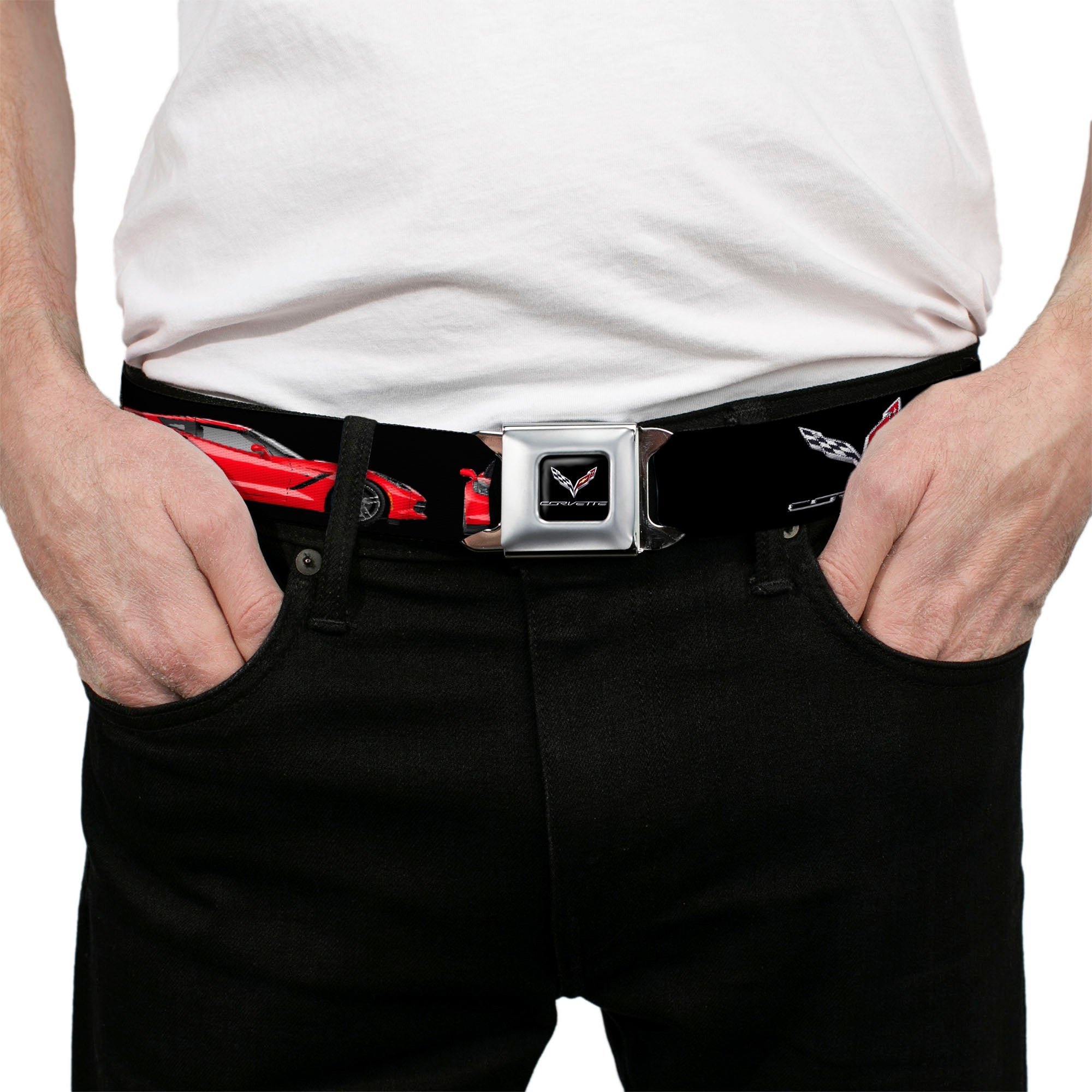 C7 Full Color Black Seatbelt Belt - C7 Logo/Red C7 Side/Front/Rear Vie