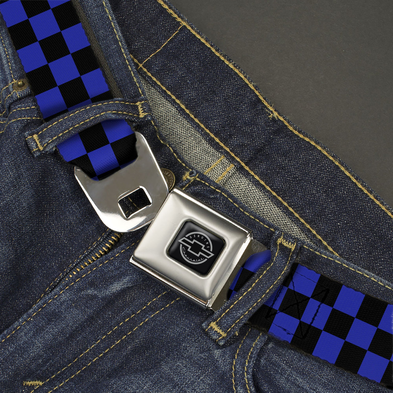 Chevy Checkered Black & Neon Blue Webbing Seatbelt Belt
