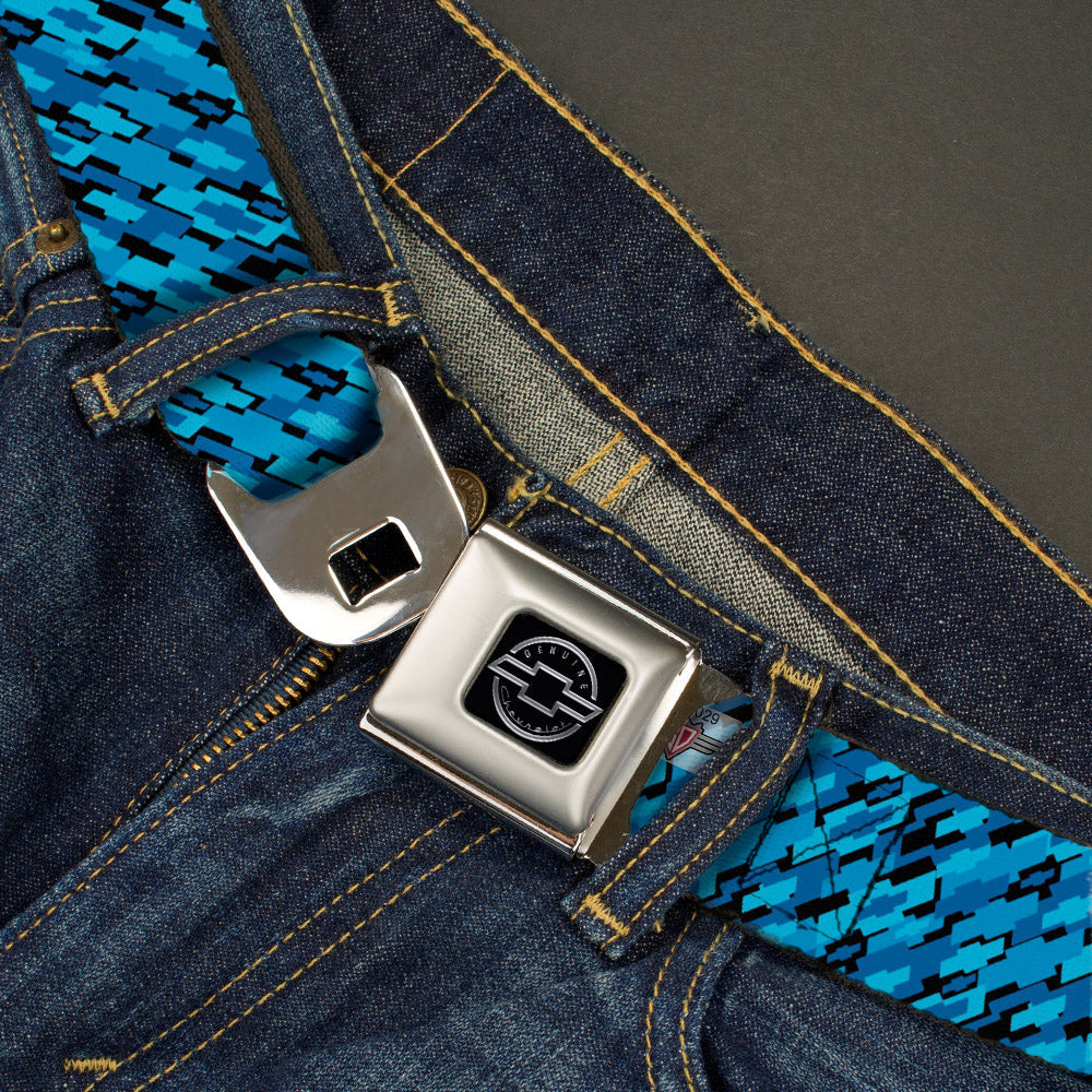 Diagonal Retro Chevy Bowtie Stacked Black & Blues Seatbelt Belt