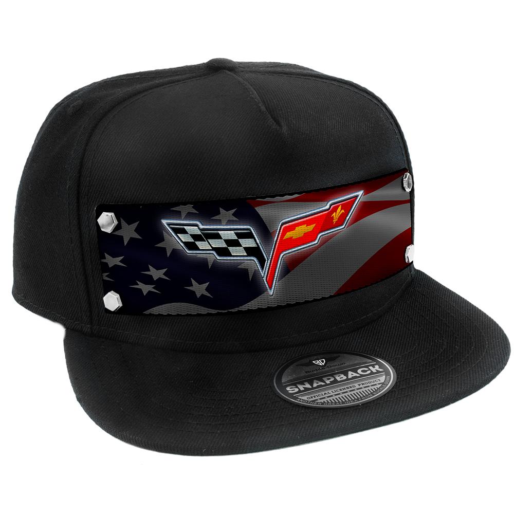 C6 Corvette Emblem Waving American Flag Embellishment Hat - Black