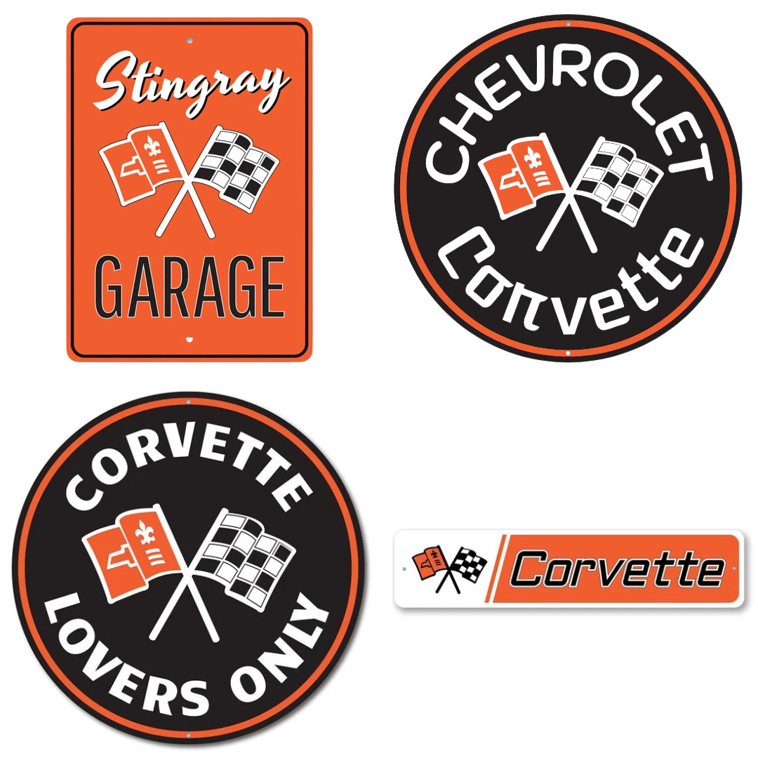 Vintage Corvette Crossed Flags Deluxe Sign Set