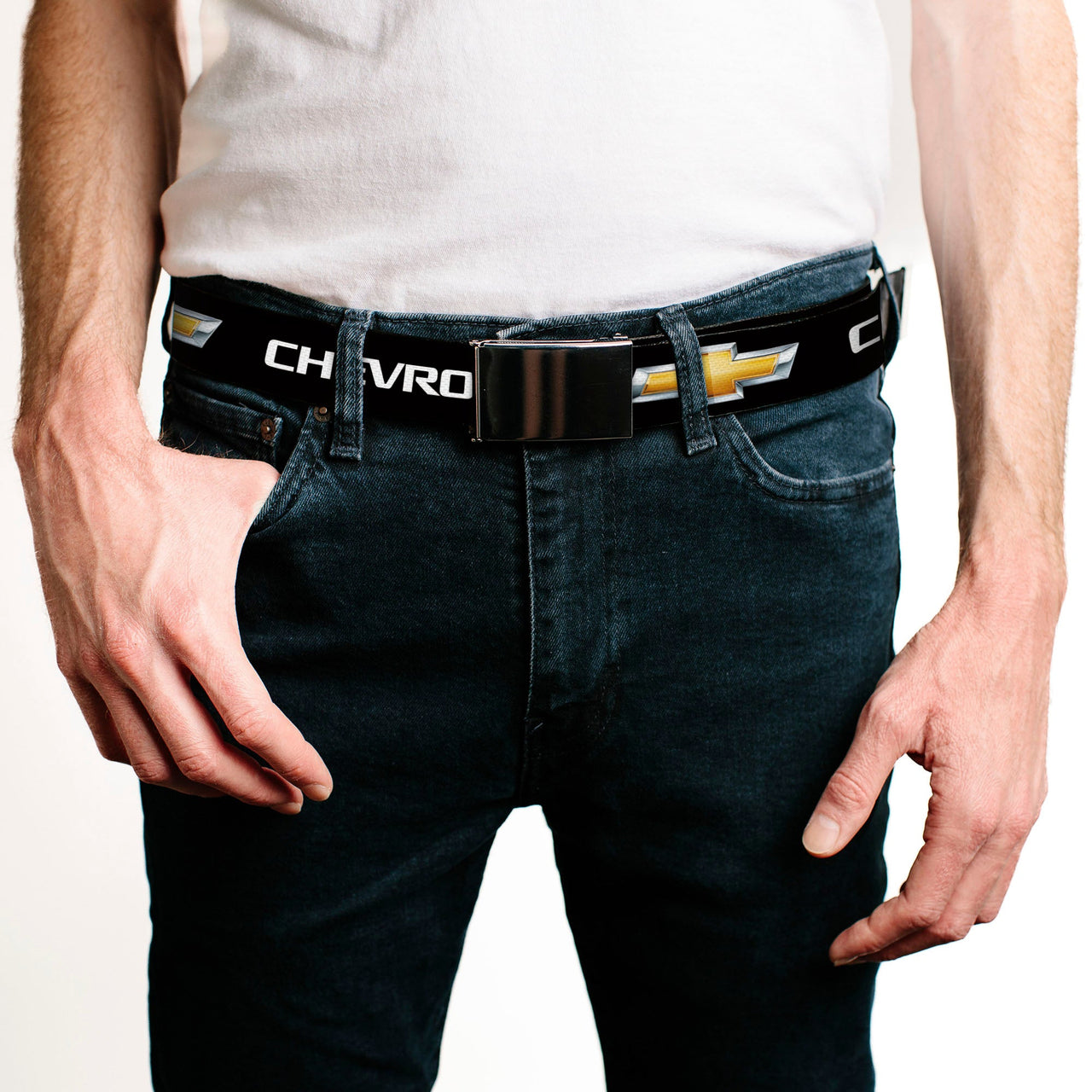 Chevrolet Bowtie Black & Gold Belt w/ Blank Black Buckle