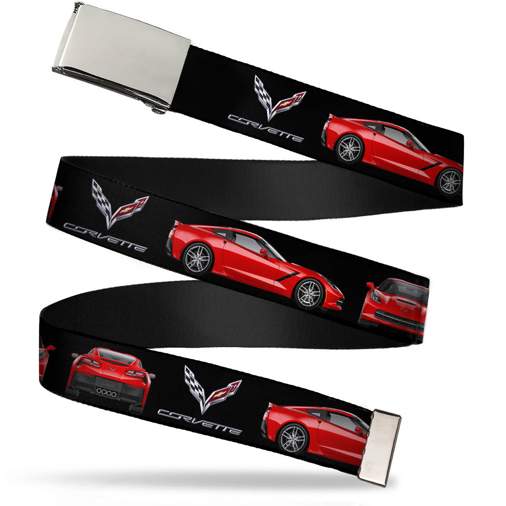 Chrome Buckle Web Belt - C7 Logo/Red C7 Side/Front/Rear Views Black Webbing