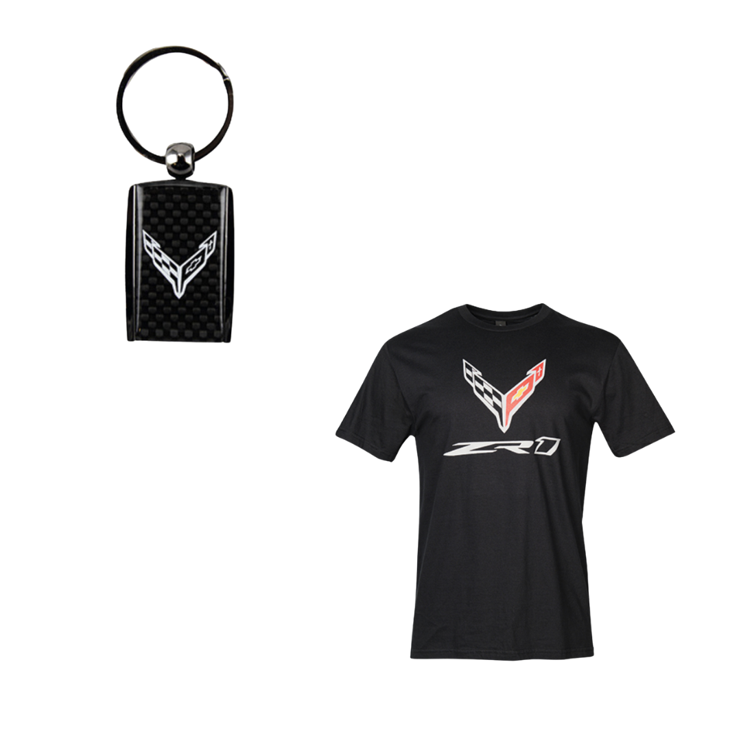 C8 ZR1 Corvette Style Bundle: ZR1 Flag T-Shirt + Carbon Fiber Accent Keychain