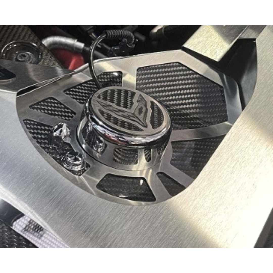 2020-2026 C8 Corvette Coupe - Carbon Fiber Shock Tower Covers Brushed Trim With Insert Flag | Stainless Steel