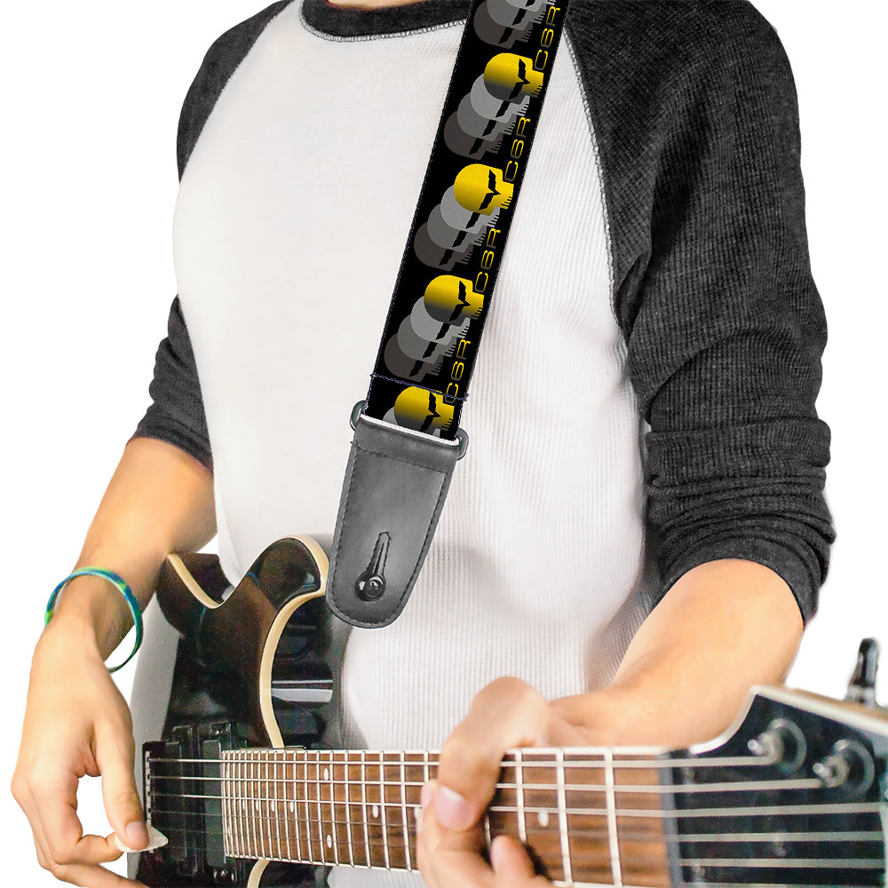 Guitar Strap - C6 Racing w Skull Repeat Black Yellow Silver
