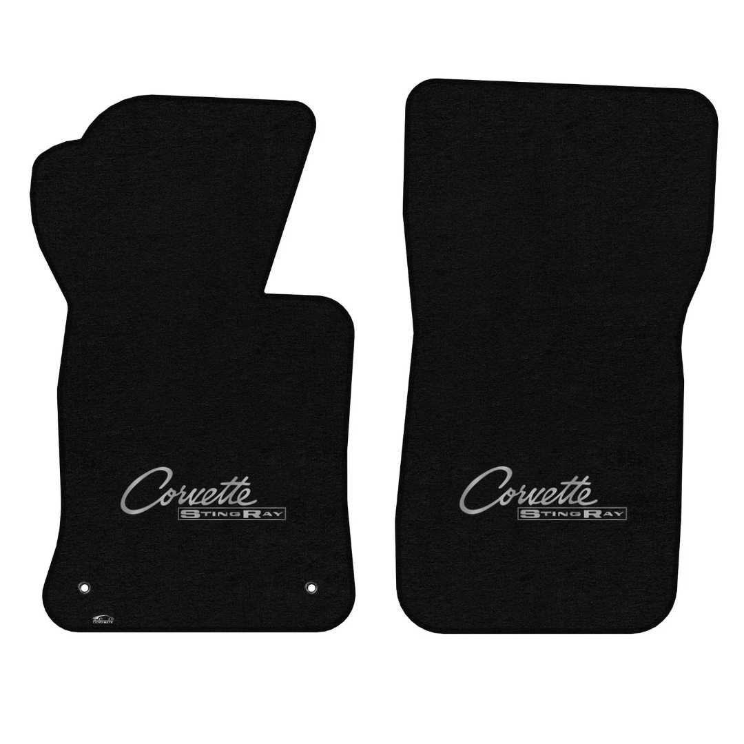 1963-1967 C2 Corvette Lloyd front floor mats - Black with Corvette Sting Ray Script Logo (1963-65) embroidered in silver