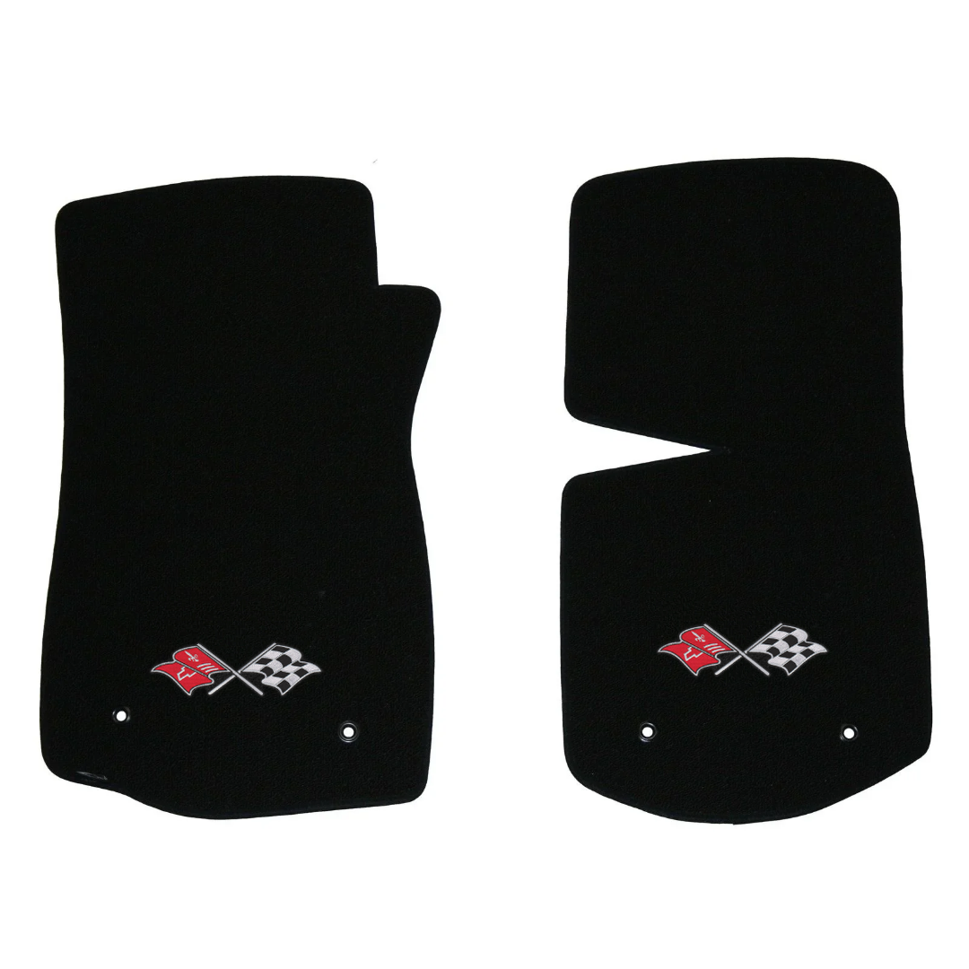 1968-1979 C3 Corvette Lloyd front floor mats - Black with Crossed Flags Logo