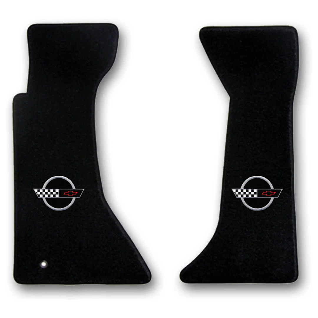 1995-1996 C4 Corvette Lloyd front floor mats - Black with Silver Ring Crossed Flags Logo