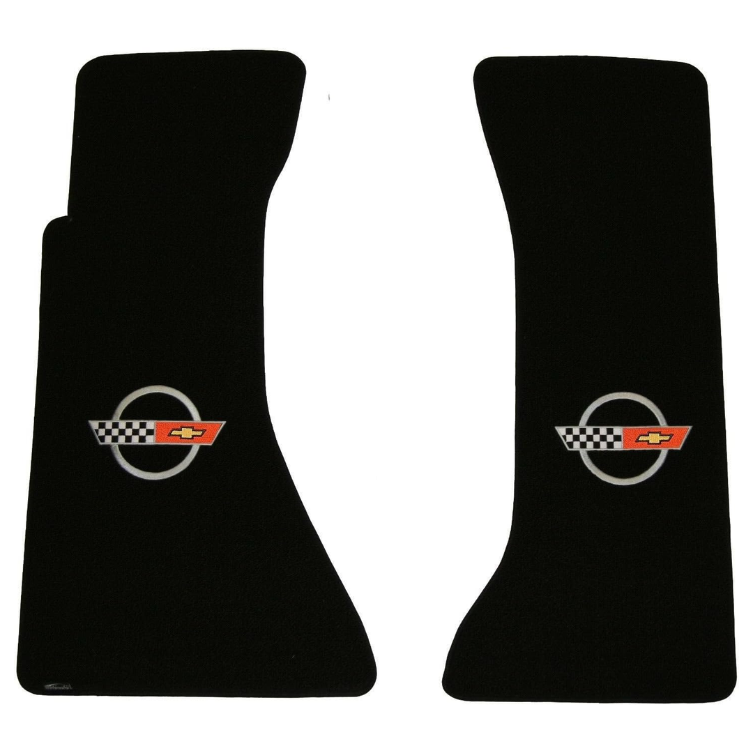 1984-1990 C4 Corvette Lloyd front floor mats - Black with Silver Ring Crossed Flags Logo