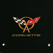 C5 Corvette Crossed Flags and Corvette script logo in gold - close-up