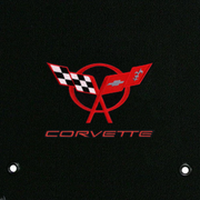 C5 Corvette Crossed Flags and Corvette script logo in red - close-up