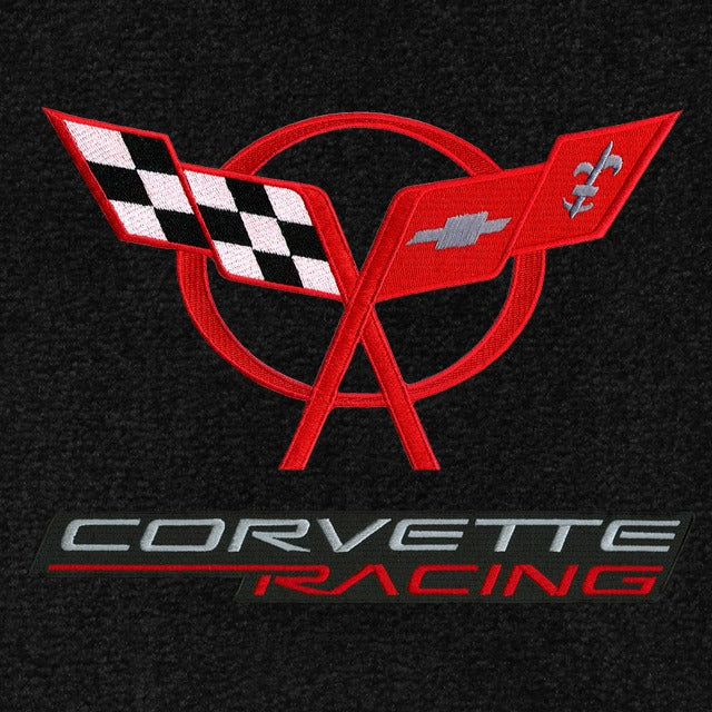 Lloyd Corvette Racing Dbl-C5 Emblem Red + Silver Red on Black APP - C5 Corvette floor mat emblem
