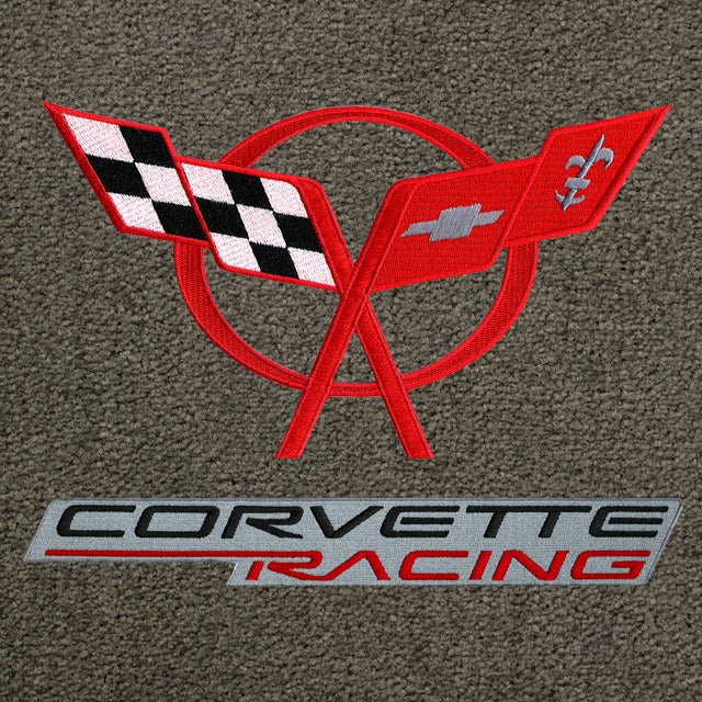 Lloyd Corvette Racing Dbl-C5 Emblem Red + Black Red on Grey APP - C5 Corvette floor mat emblem