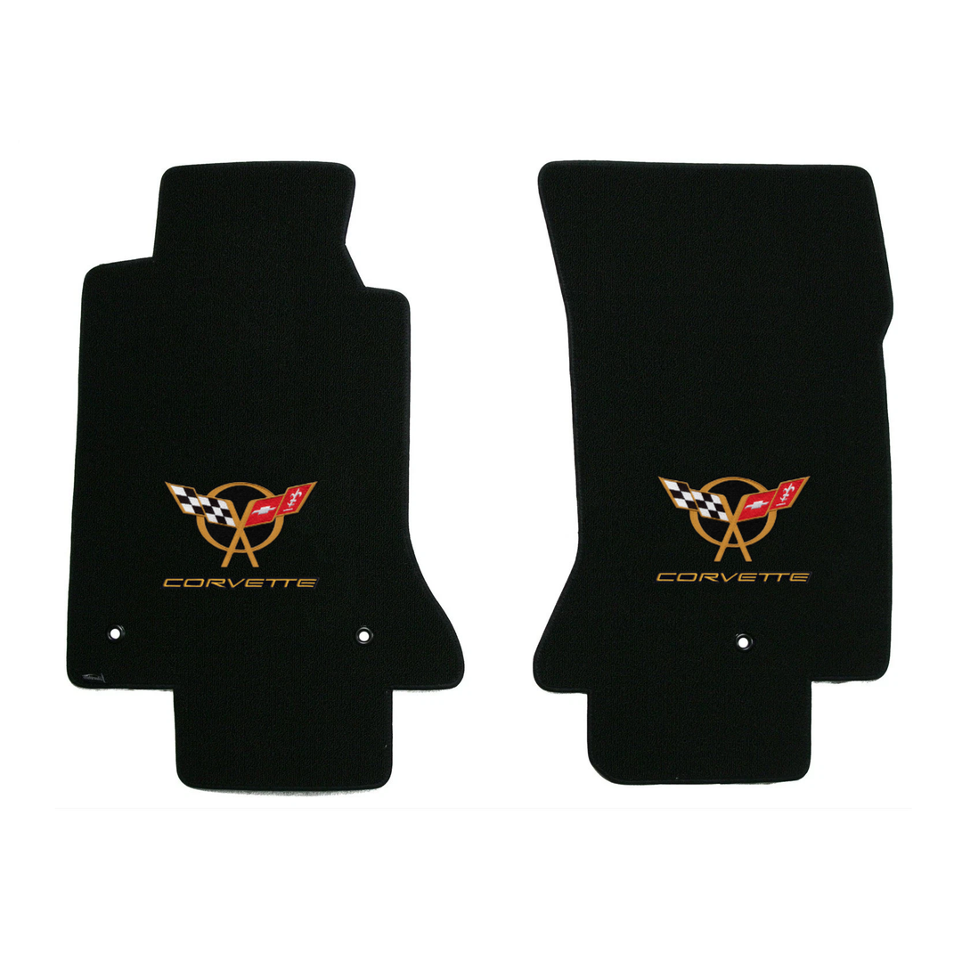 1997-2004 C5 Corvette Lloyd front floor mats - Black with Gold Crossed Flags & Corvette Script Logo