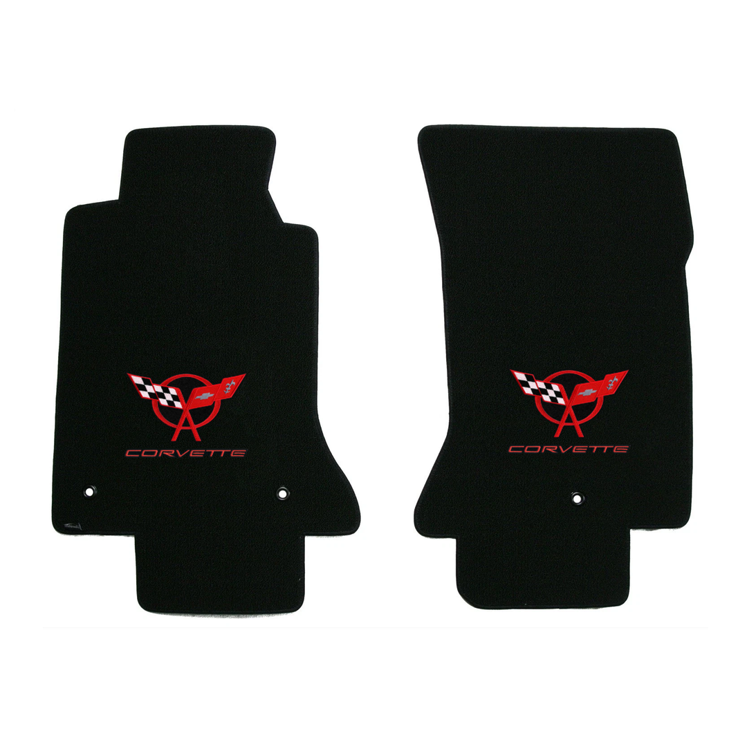 1997-2004 C5 Corvette Lloyd front floor mats - Black with Red Crossed Flags & Corvette Script Logo
