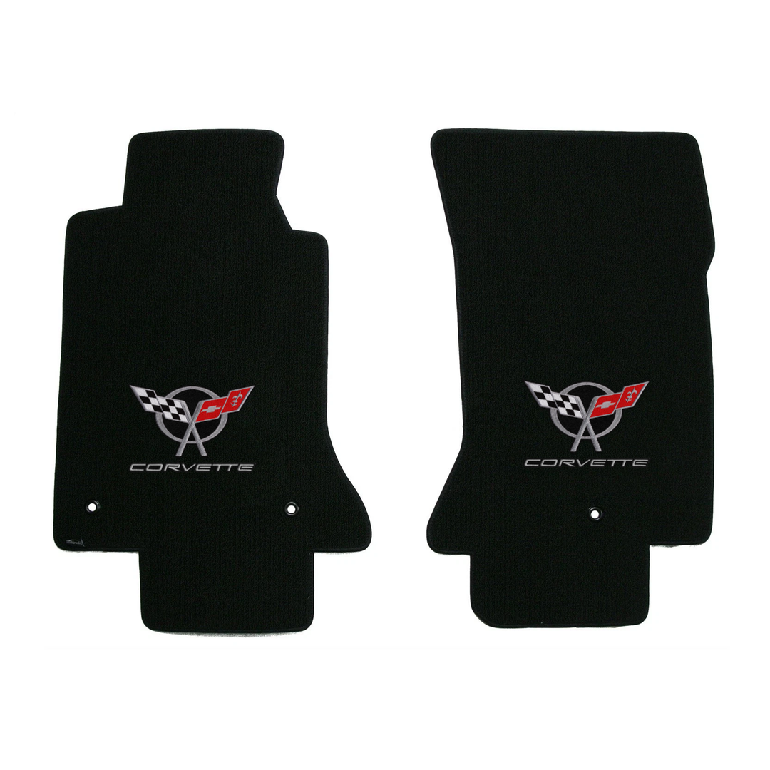 1997-2004 C5 Corvette Lloyd front floor mats - Black with Silver Crossed Flags & Corvette Script Logo