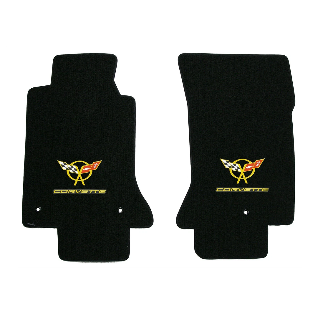 1997-2004 C5 Corvette Lloyd front floor mats - Black with Yellow Crossed Flags & Corvette Script Logo