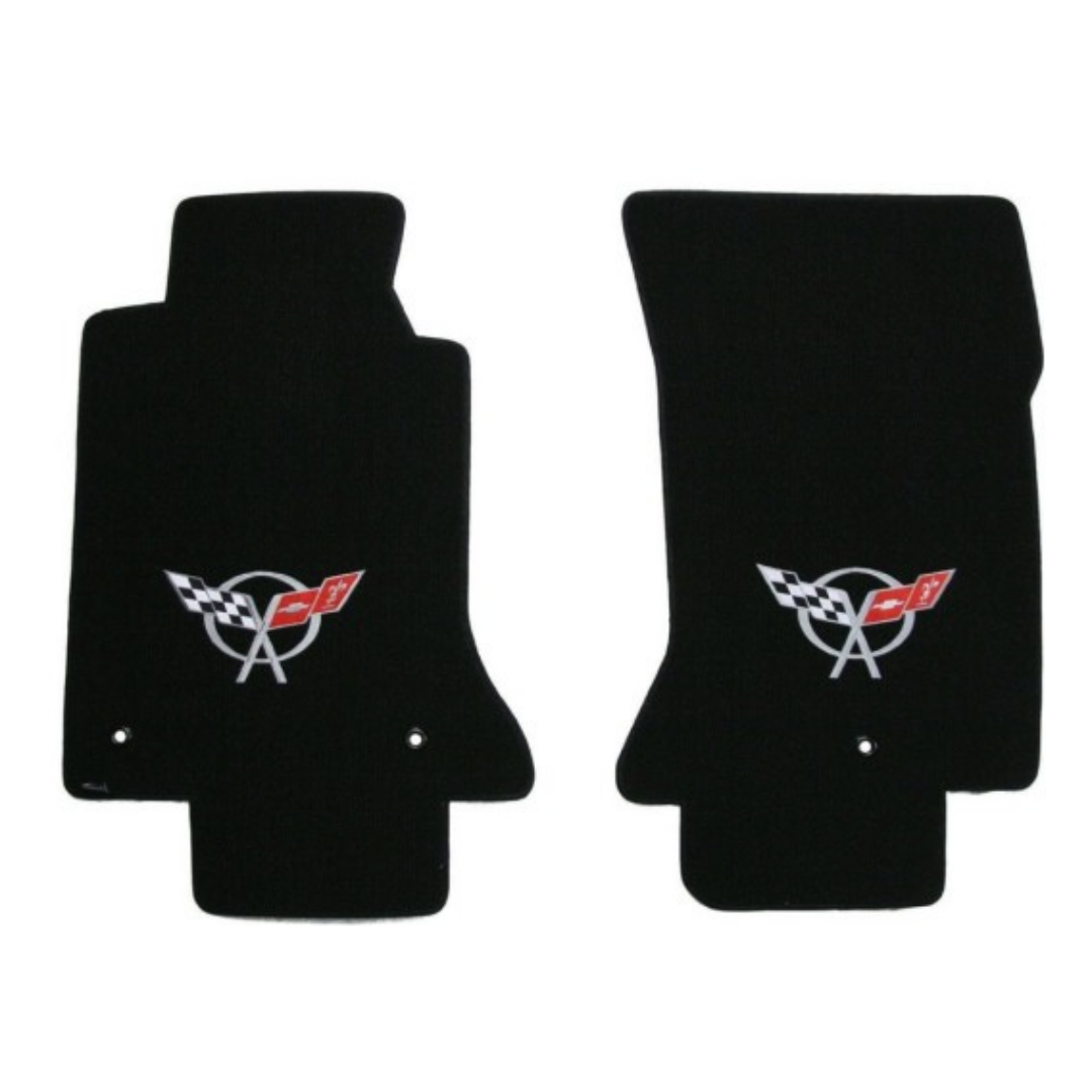 1997-2004 C5 Corvette Lloyd Luxe front floor mats - Black with Silver Crossed Flags Logo