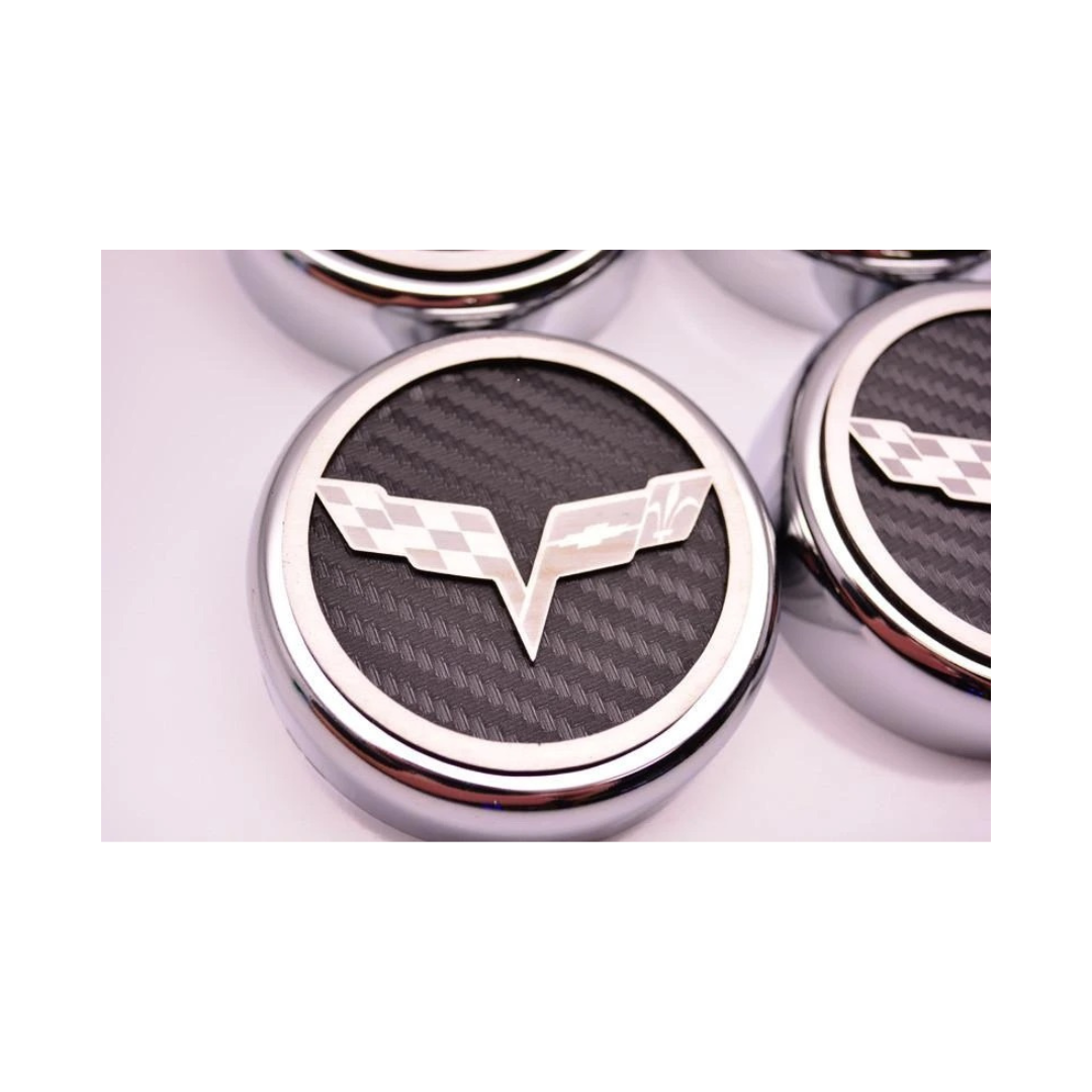 2005-2013 C6 Corvette Fluid Cap Cover Set Crossed Flags 6 pc Manual Choose Color - Fits Base, Z06, ZR1, Grand Sport - American Car Craft