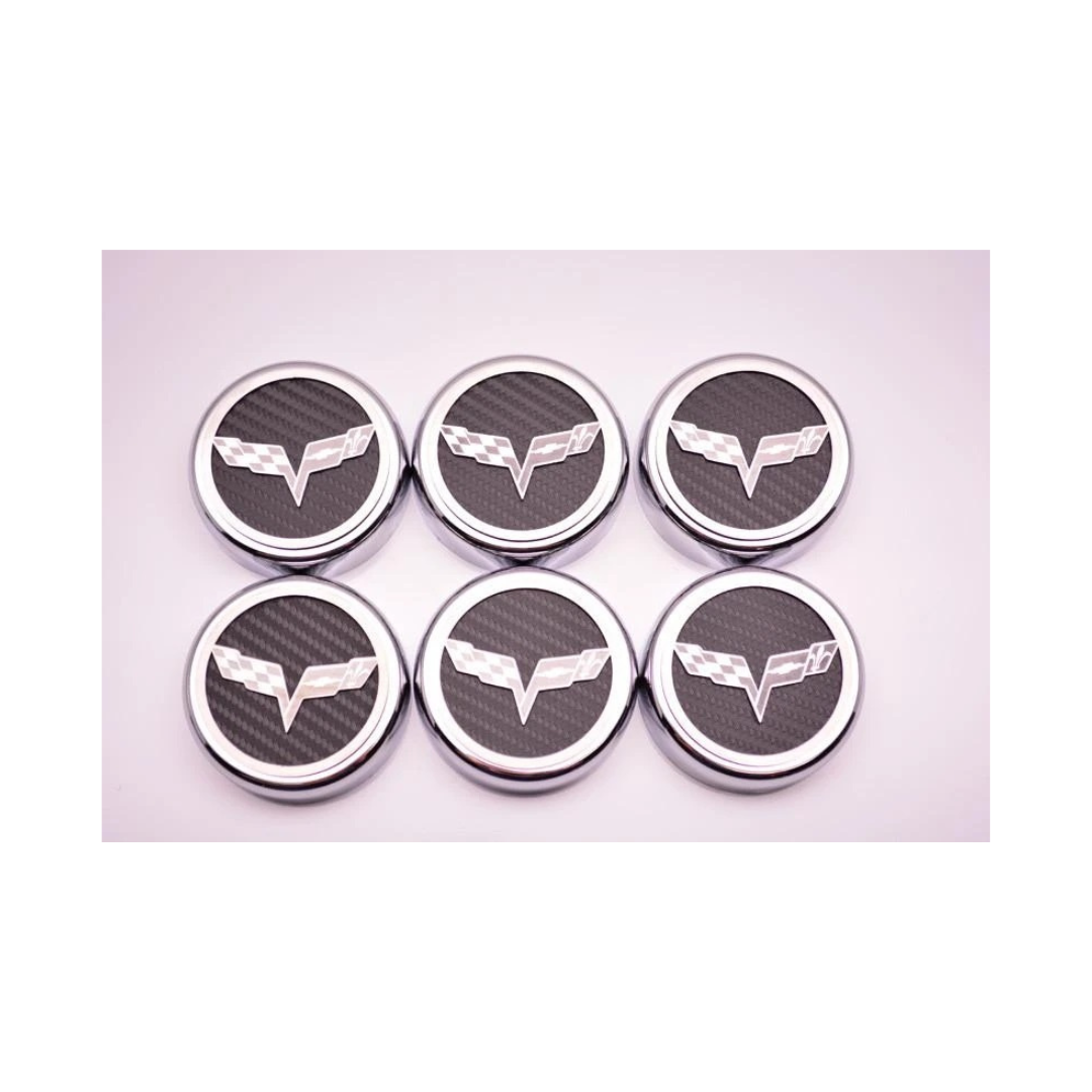 2005-2013 C6 Corvette Fluid Cap Cover Set Crossed Flags 6 pc Manual Choose Color - Fits Base, Z06, ZR1, Grand Sport - American Car Craft