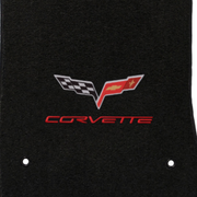 C6 Corvette Crossed Flags and Corvette script logo in red - close-up