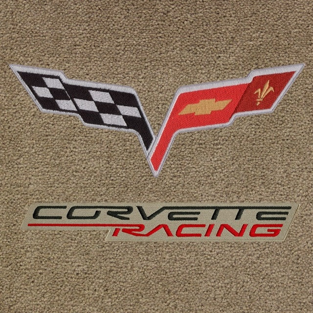 Lloyd Corvette Racing Dbl-C6 Emblem + Black Red on Beige APP - C6 Corvette floor mat emblem