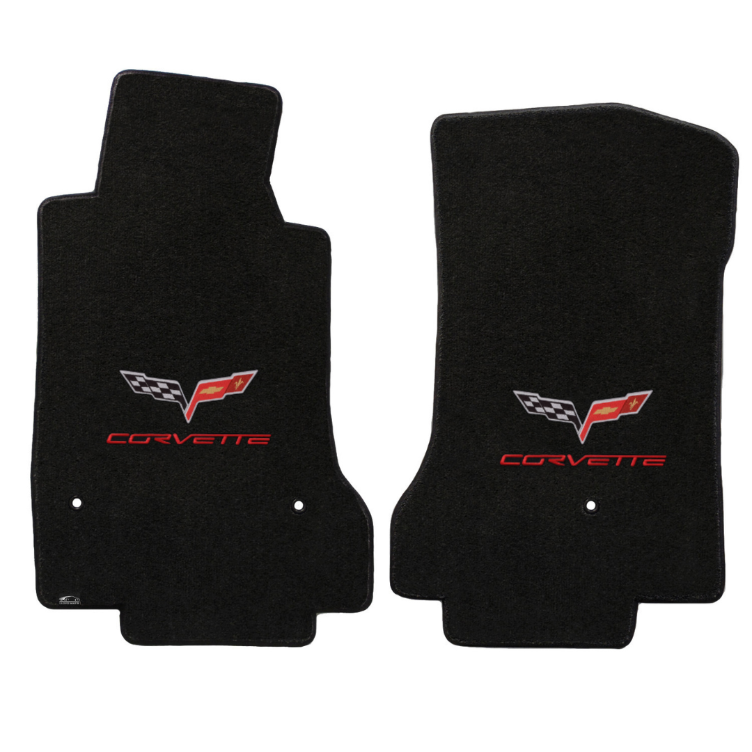 2008-2012 C6 Corvette Lloyd front floor mats - Red Crossed Flags Logo & Corvette Script