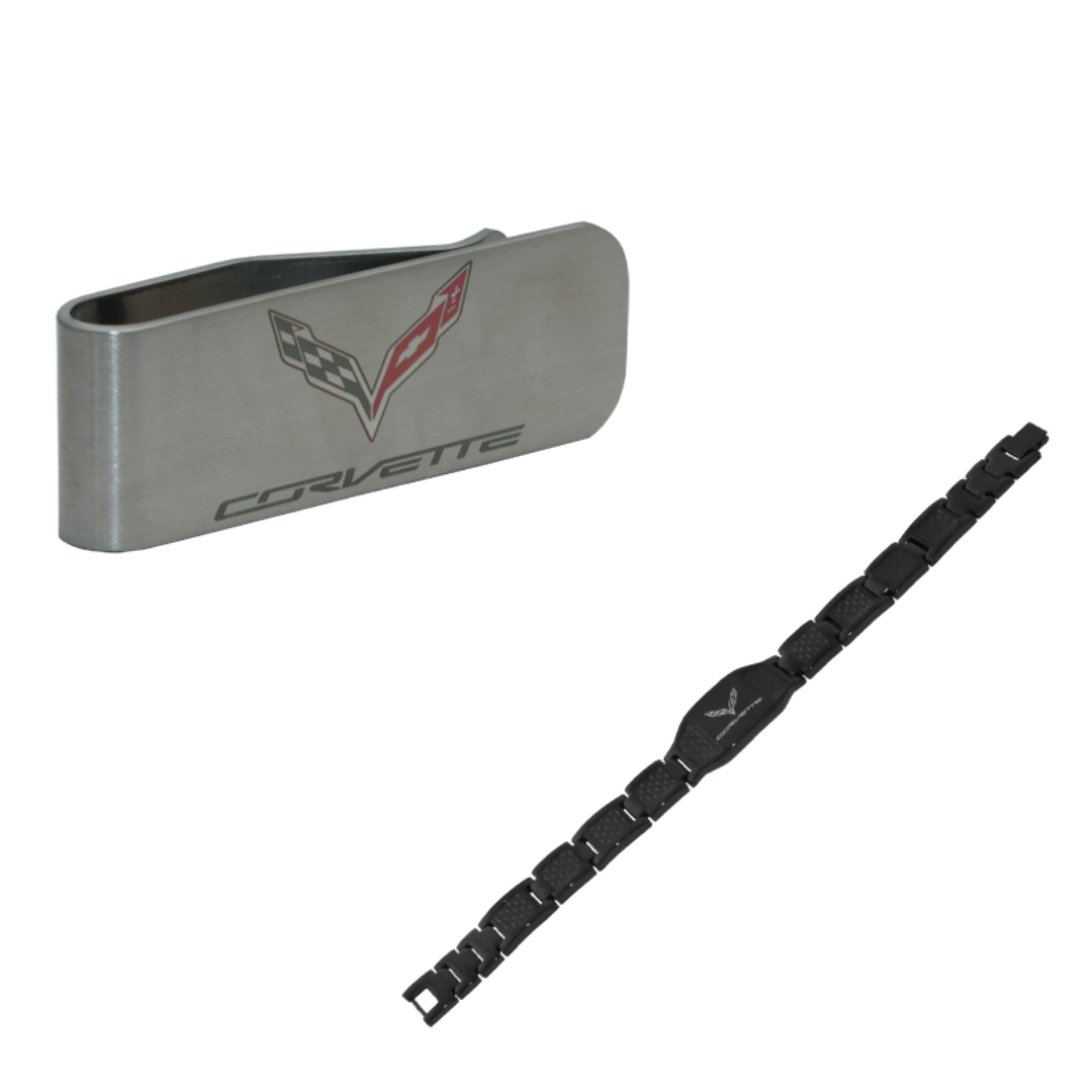 C7 Corvette Stainless Steel Money Clip & Carbon Fiber Bracelet Bundle