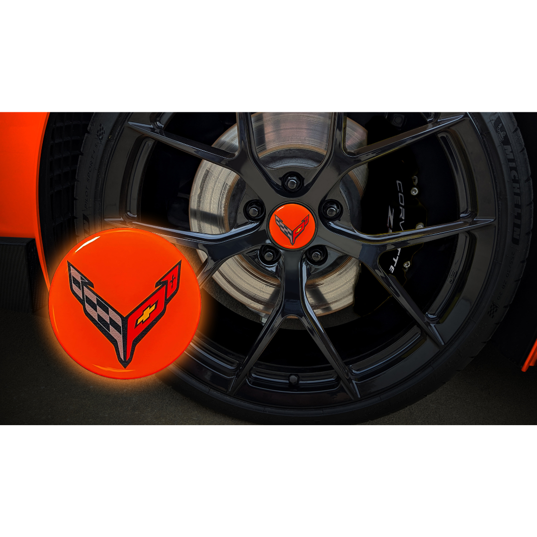 C8 Corvette Color Matched Wheel Center Caps Amplify Orange
