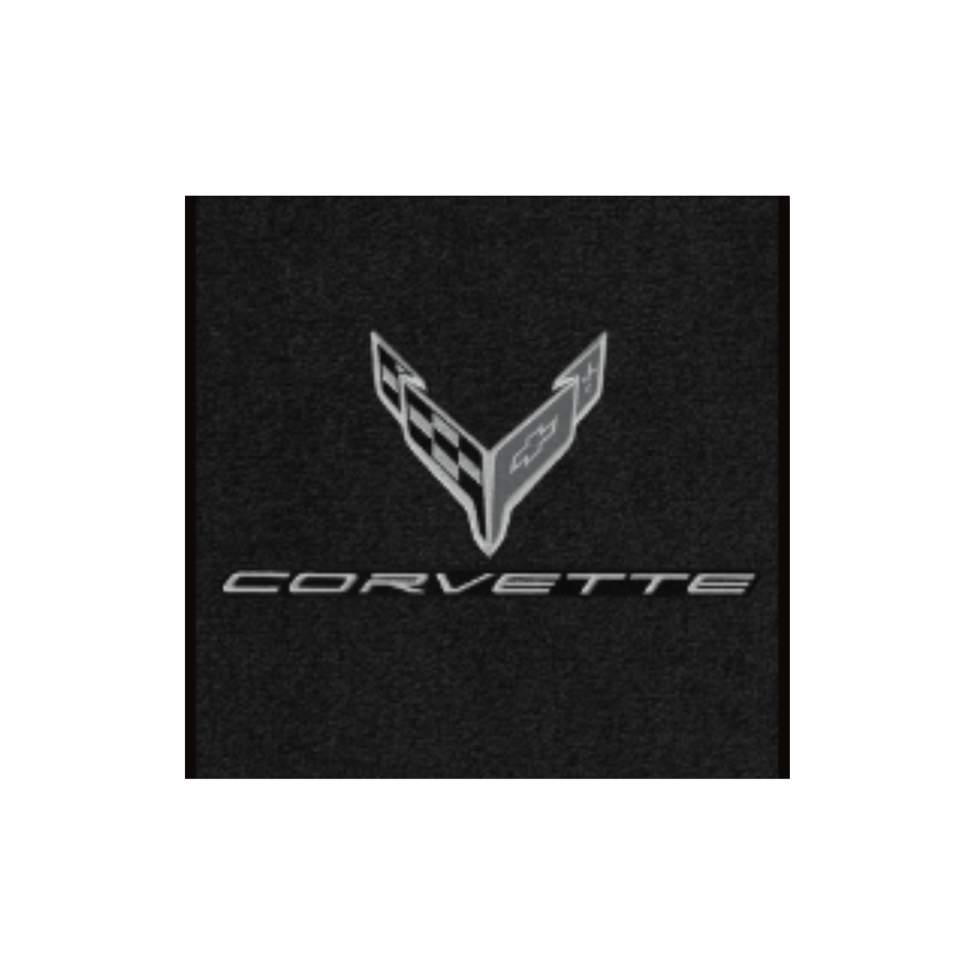 2020-2027 C8 Corvette Lloyd Velourtex Floor Mats - Black and White Flags over Corvette script, stacked
