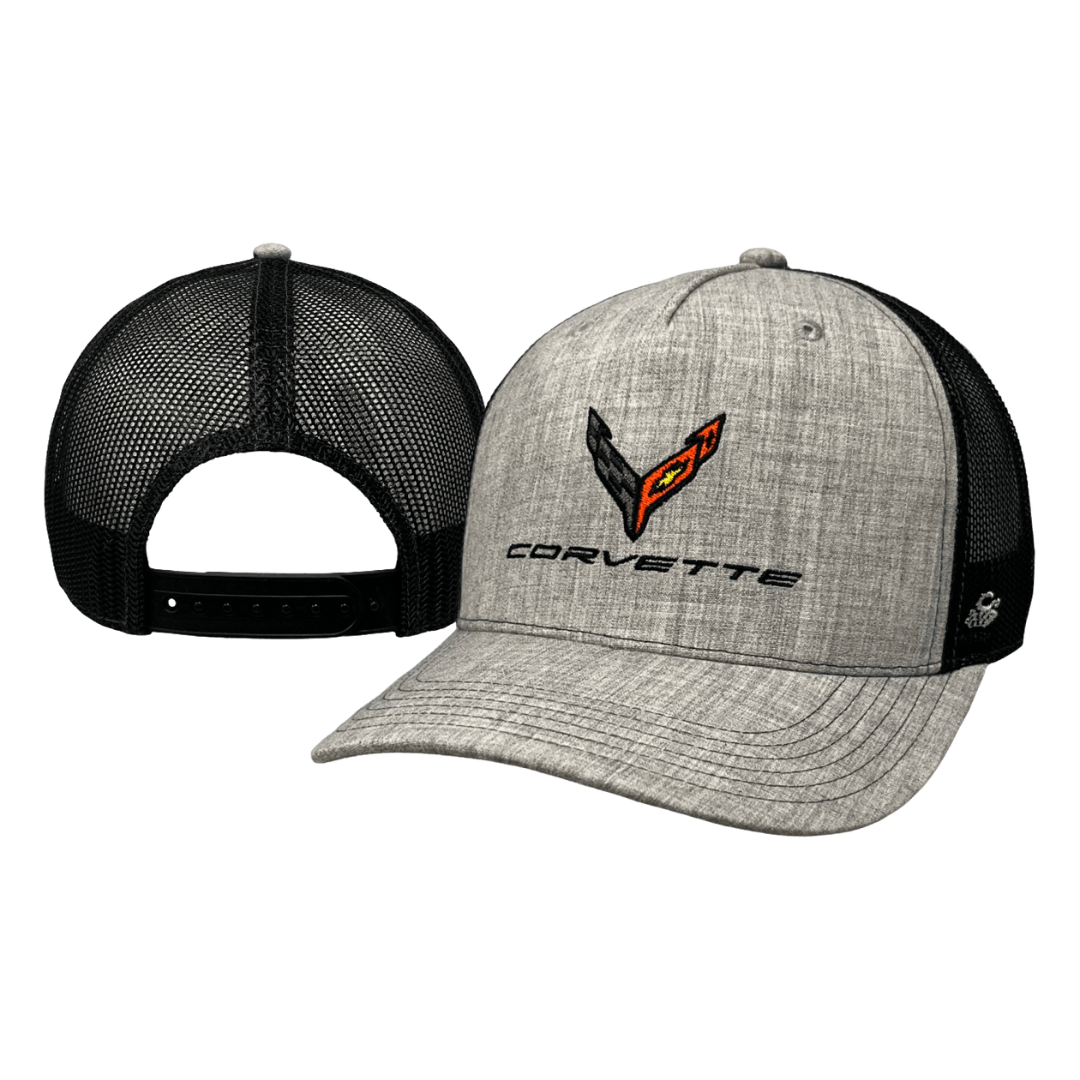 C8 Corvette Light Grey Heather 5-Panel Hat with Corvette & American Flag Logo