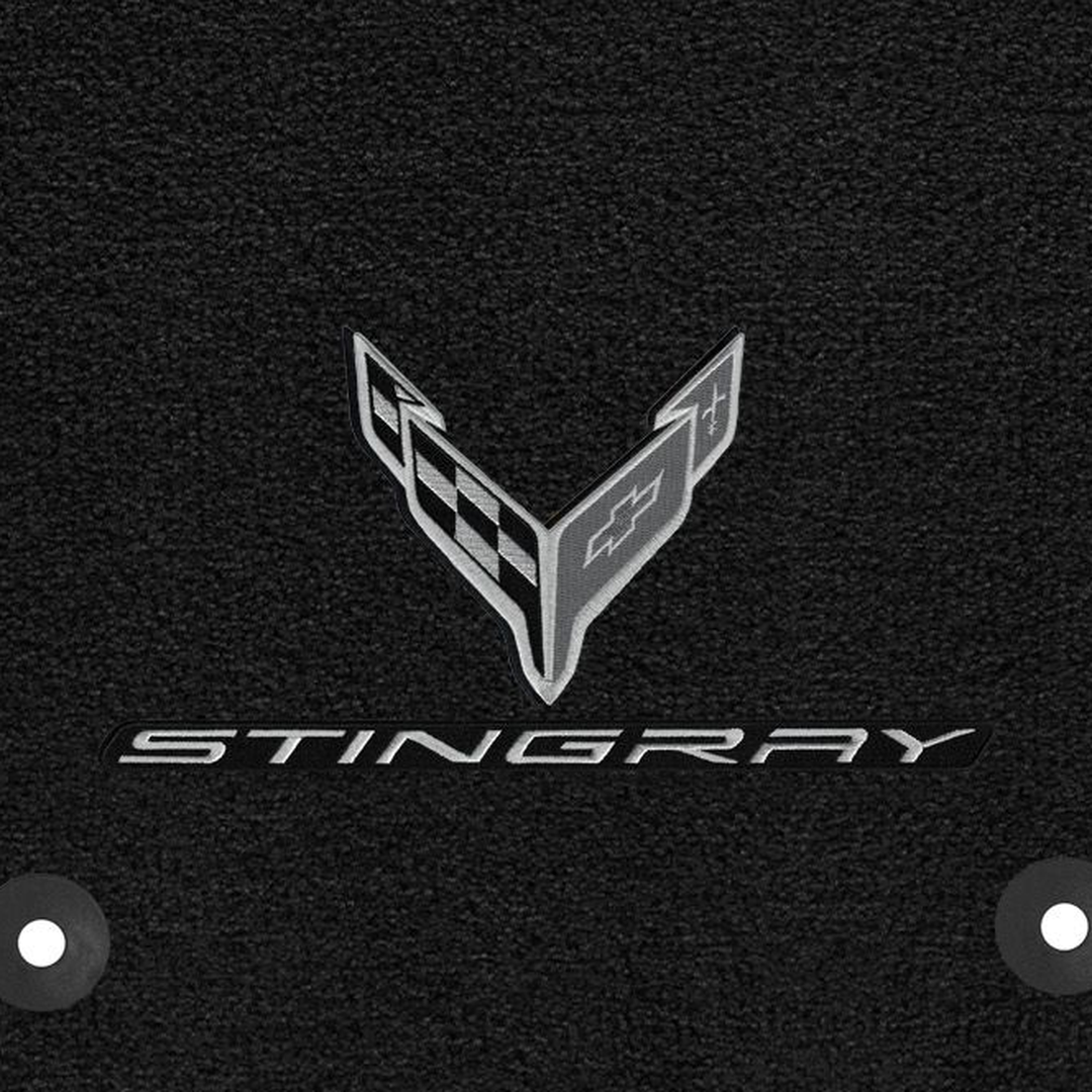C8 Corvette monochrome Crossed Flags and Stingray logo - close-up