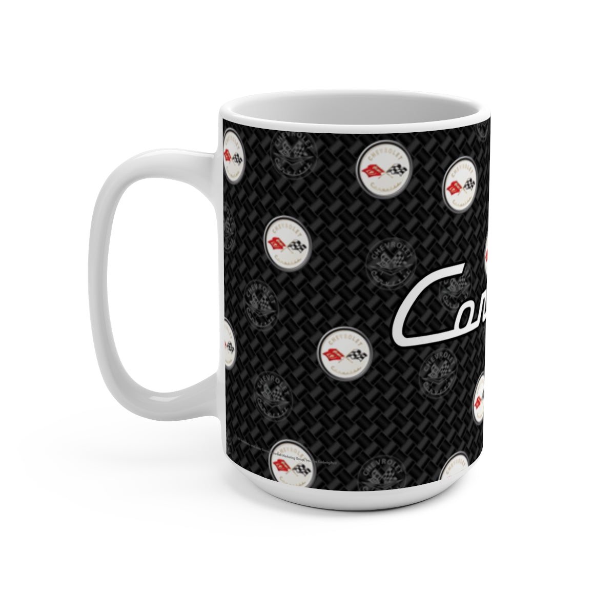 Corvette C1 15oz Ceramic Mug – Corvette Script & C1 Logos on Carbon Background