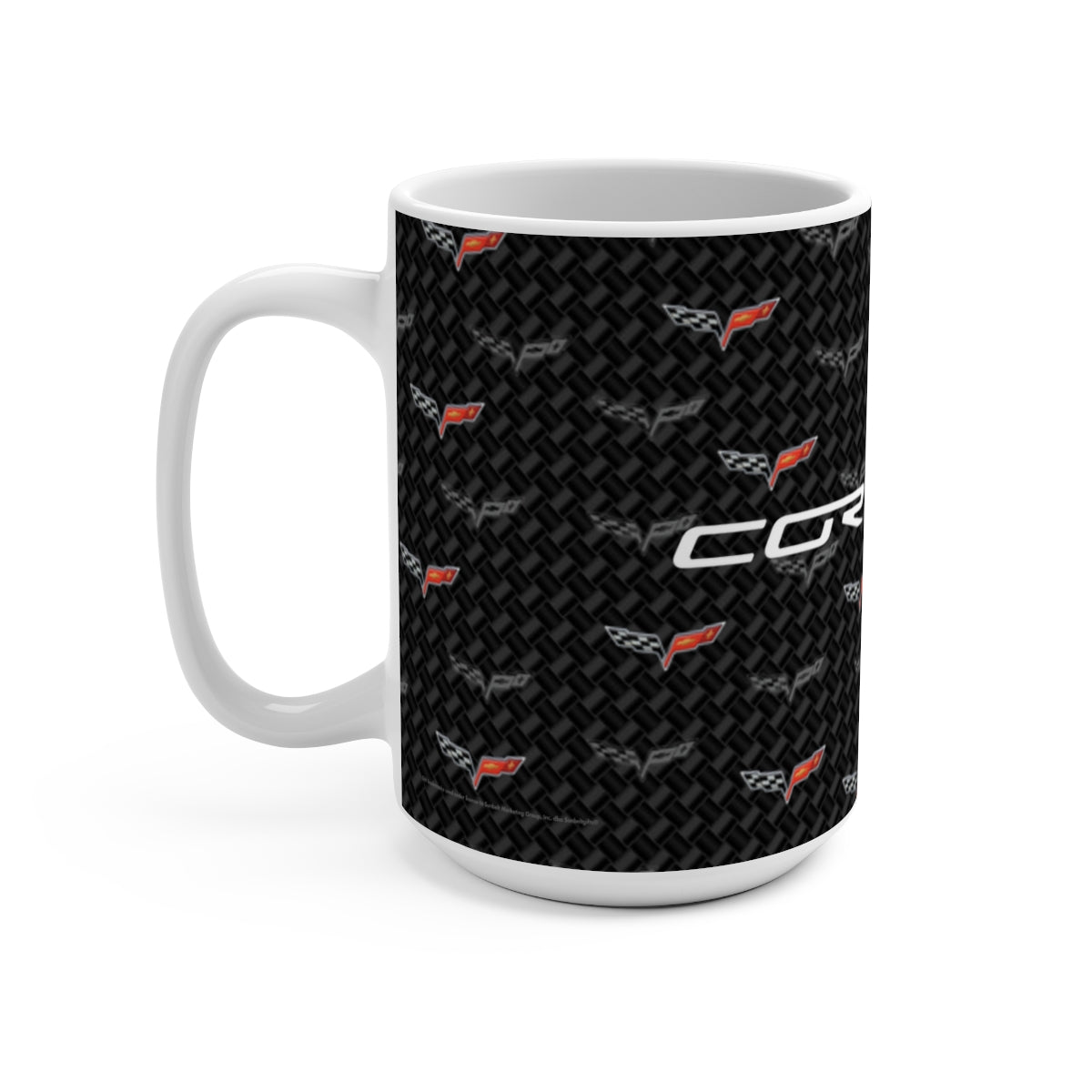 Corvette C6 15oz Ceramic Mug – Corvette Script & C6 Logos on Carbon Background