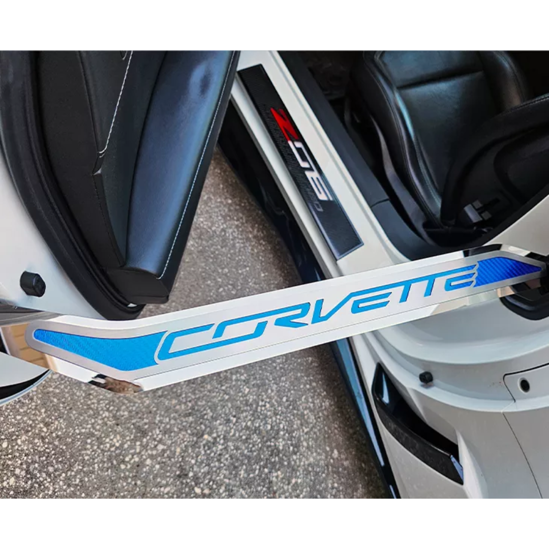 Corvette C7 Door Prop Polished/Brushed Stainless 'Stingray' w/ Choice of Carbon Fiber Inlay - Passenger Side Only
