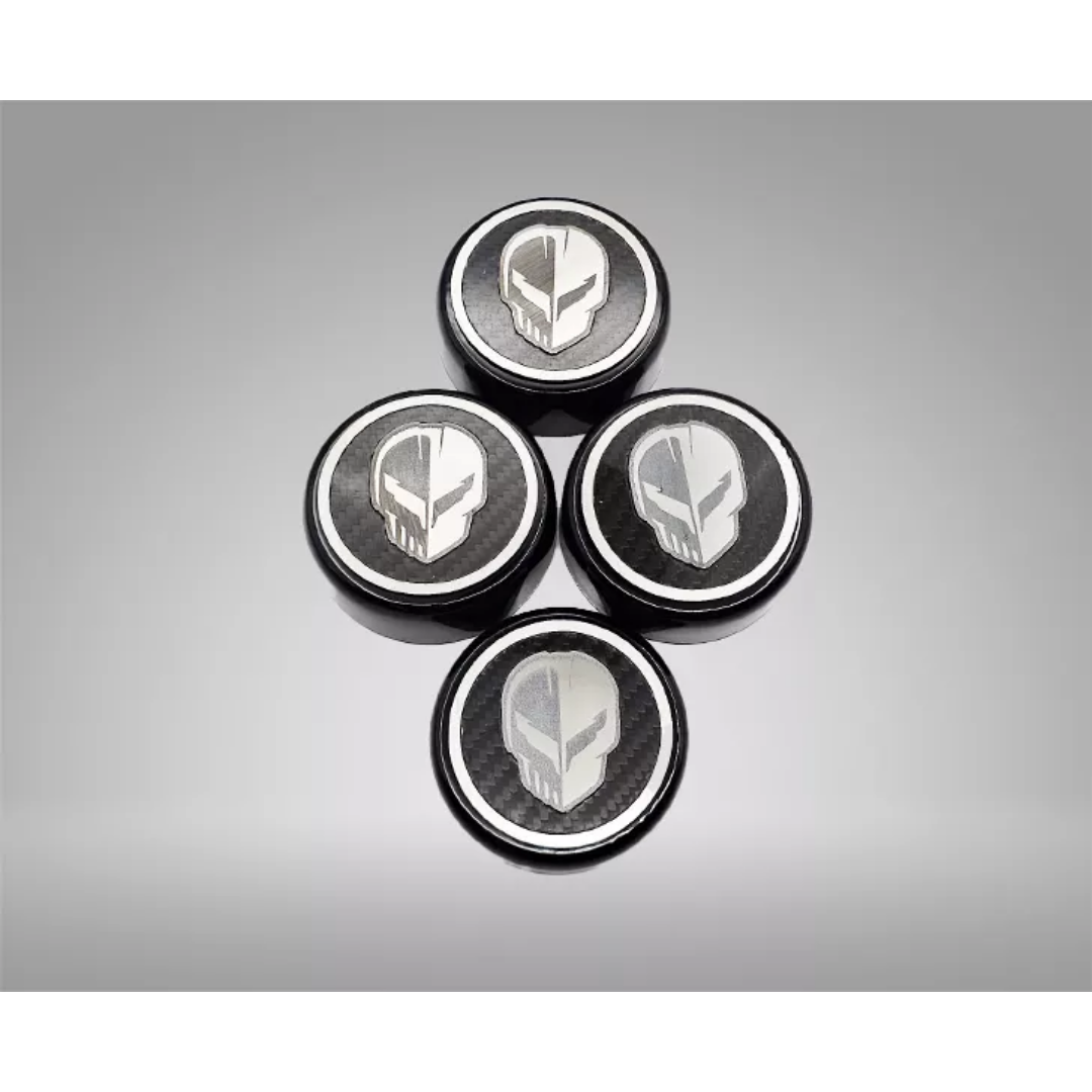 Corvette C8 Cap Cover Set 4pc Black Caps with Real Carbon Fiber Inserts Jake Skull Logo
