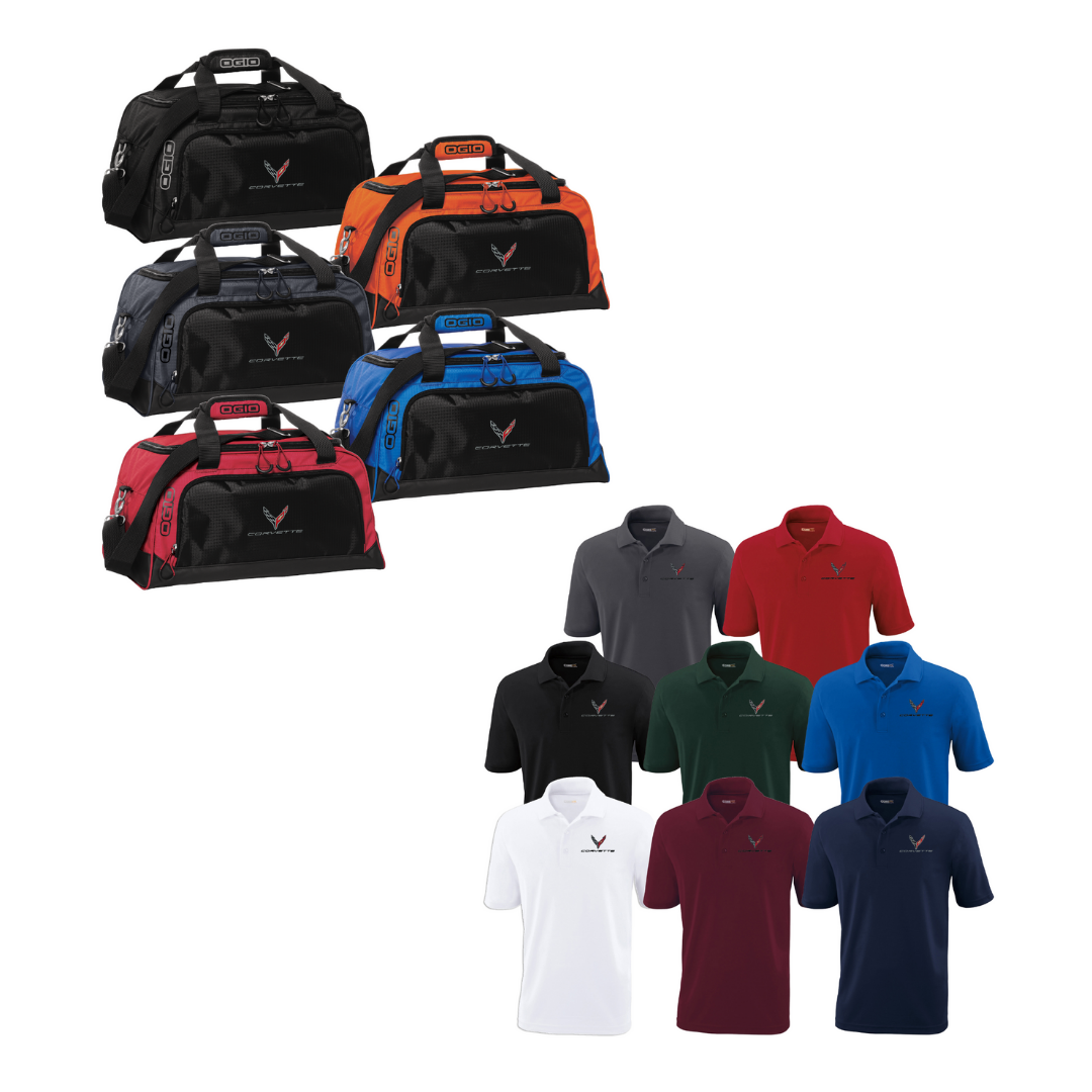 c8-corvette-core365-polo-shirt-ogio®-breakaway-duffel-bag-bundle