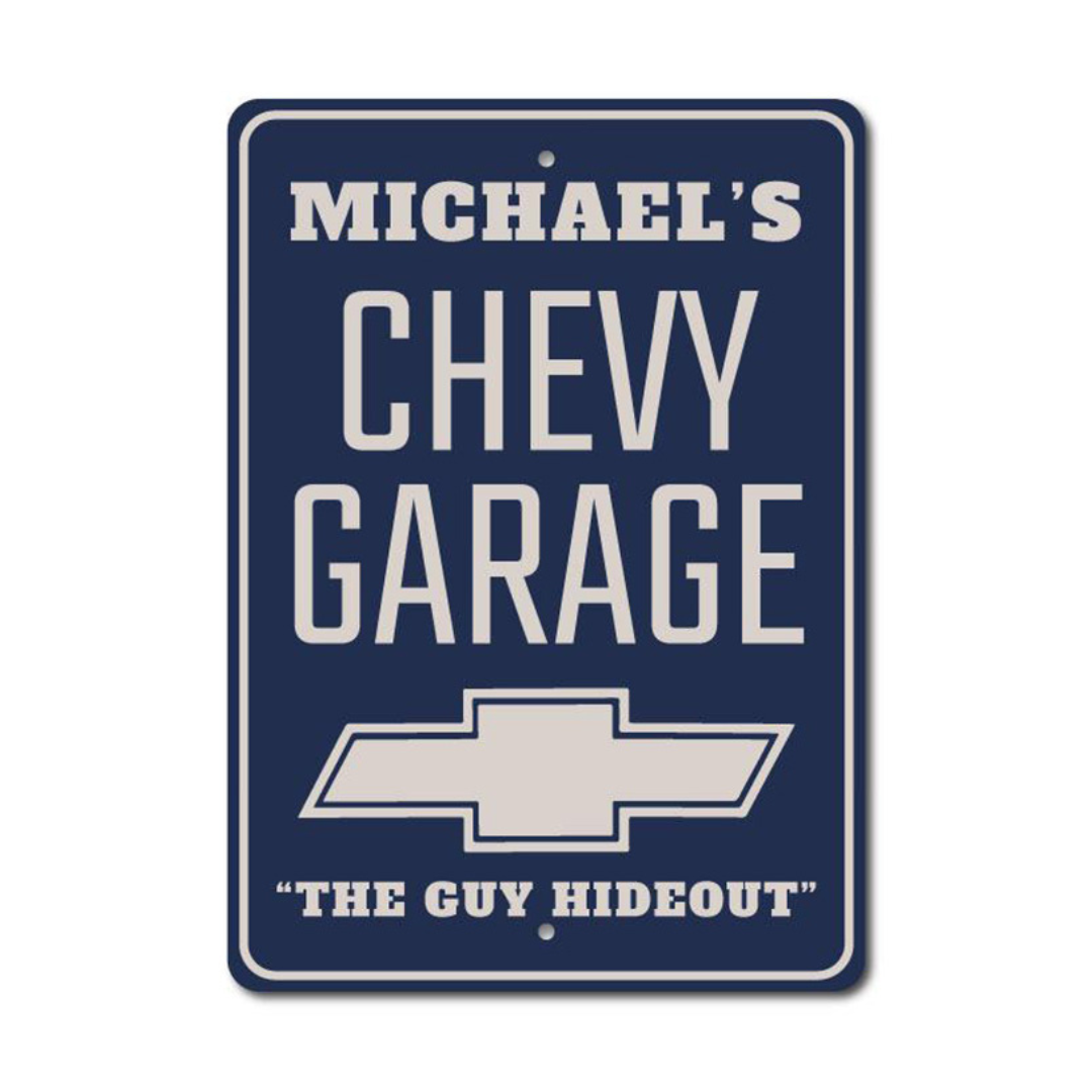 Personalized Chevy Garage The Guy Hideout - Aluminum Sign