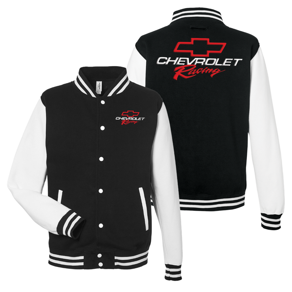 Black and White Chevy Racing Varsity Jacket | Corvette Store Online