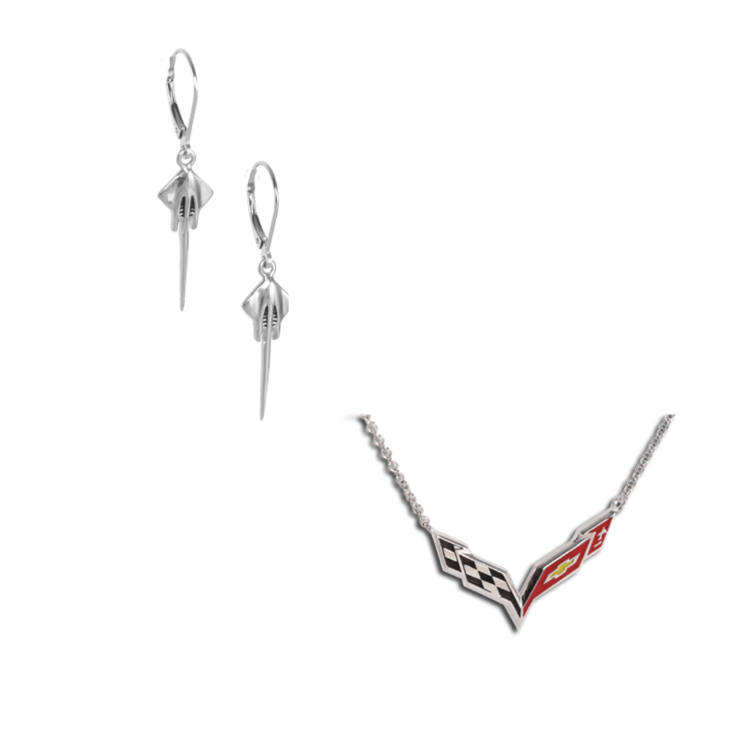 C7 Corvette Sterling Silver Stingray Earrings & Emblem Necklace Bundle