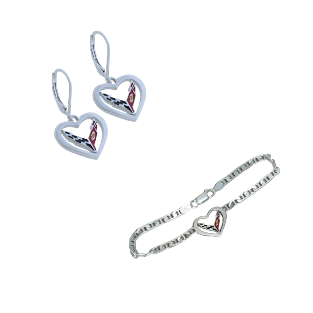 C8 Corvette Sterling Silver Heart Earrings & Bracelet Bundle