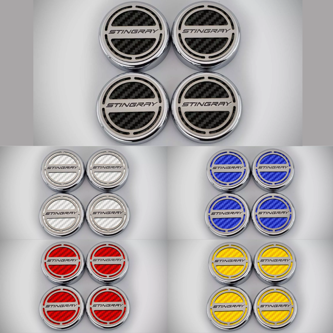 2020-2024 C8 Corvette Coupe - Cap Cover Set 4pc Carbon Fiber Inserts with Stainless Stingray Logo | Choose Color