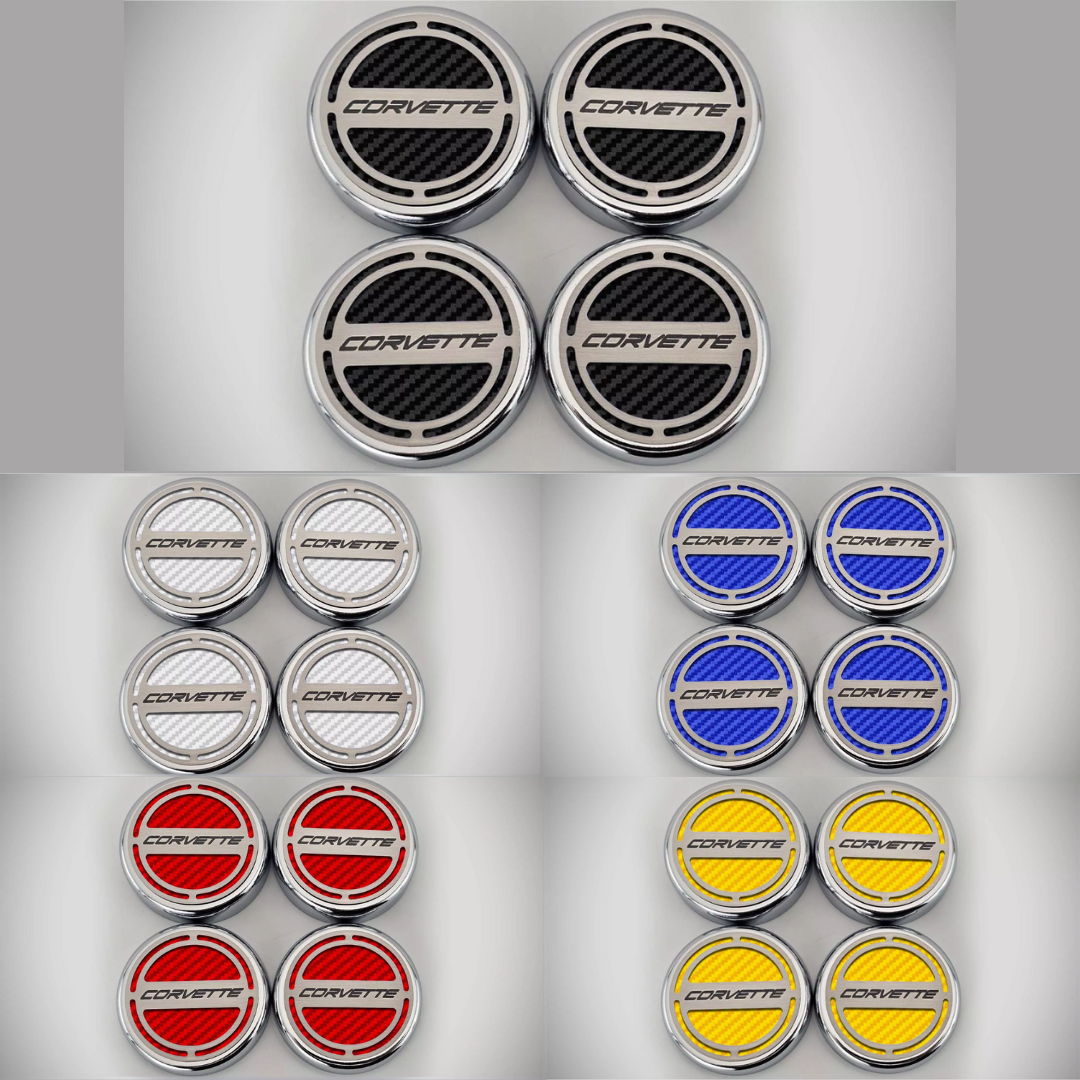 2020-2024 C8 Corvette Coupe - Cap Cover Set 4pc Carbon Fiber Inserts with Stainless Corvette Logo | Choose Color