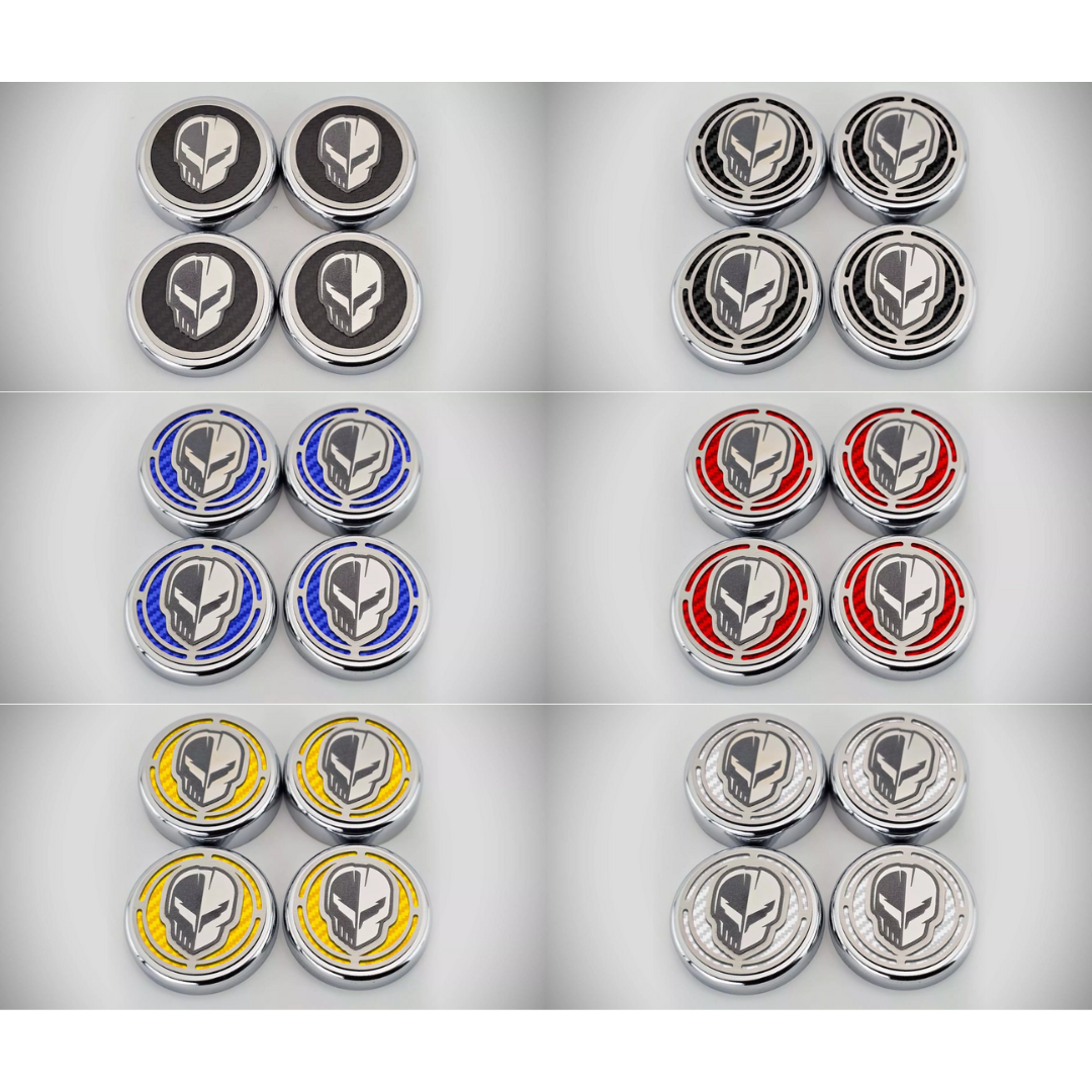 2020-2024 C8 CORVETTE COUPE - CAP COVER SET 4PC CARBON FIBER INSERTS WITH STAINLESS JAKE SKULL LOGO | CHOOSE FINISH/COLOR
