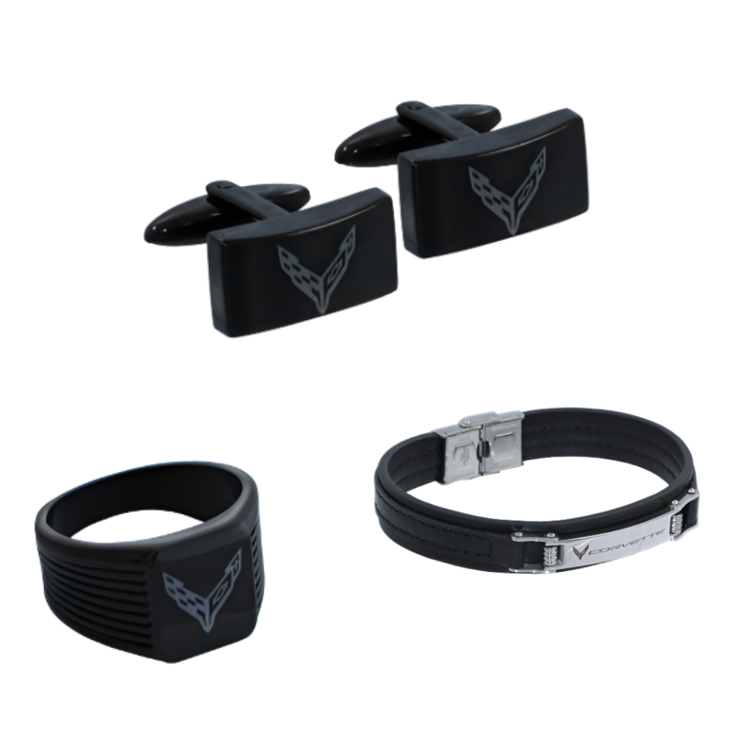 c8-corvette-emblem-black-grooved-ring-leather-bracelet-cufflinks-bundle