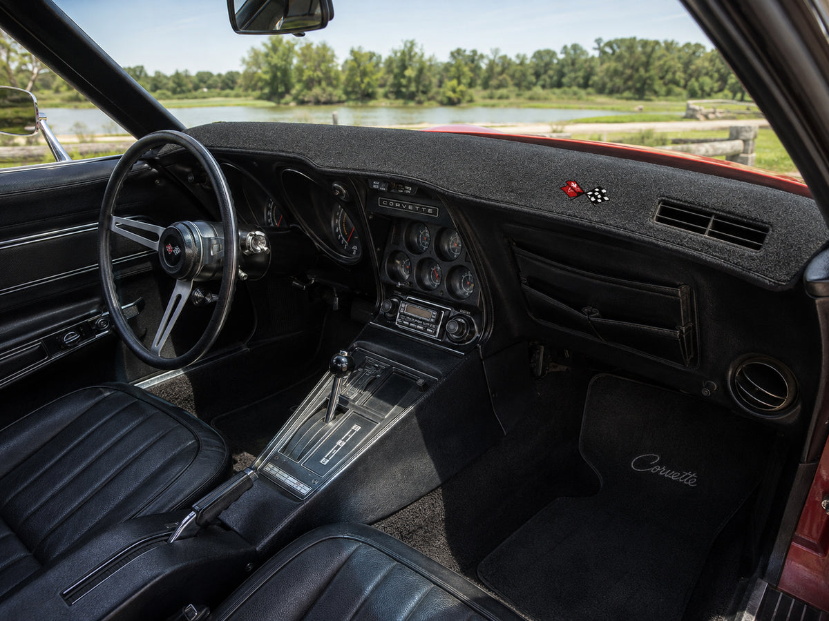 C3 Corvette Coverking custom dash cover with embroidered C3 crossed flags emblem