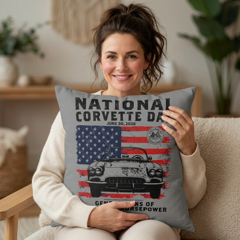 2026 National Corvette Day Limited Edition 16x16 Polyester Square Pillow- 16" x 16" (Navy or Gray)