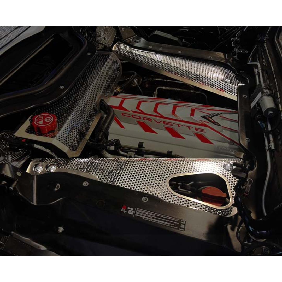 HTC C8 Corvette Header Guard and Crossmember Covers Perforated |Stainless Steel