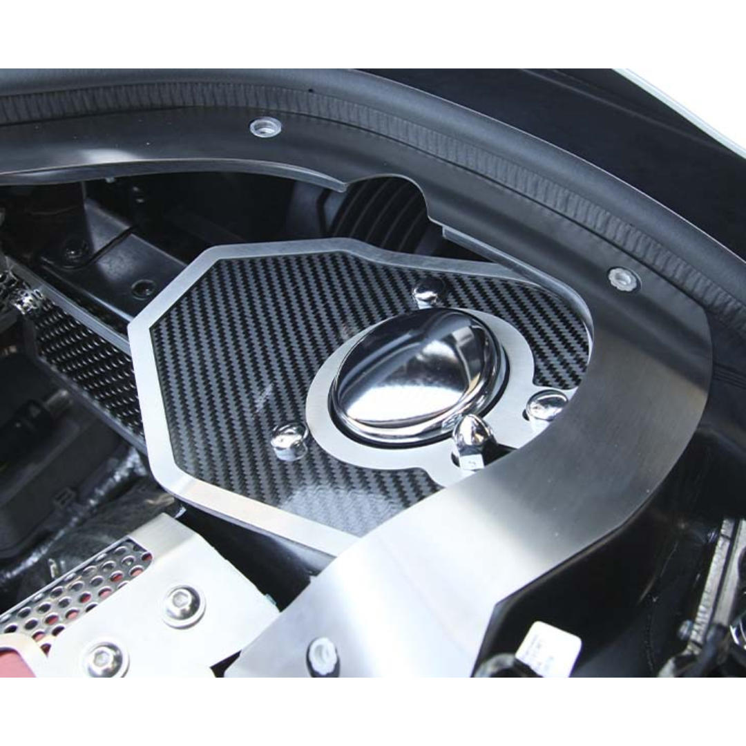 HTC C8 Corvette Shock Tower Covers with Brushed Trim | Carbon Fiber